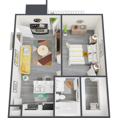 Floor plan for 1 bed, 1 bath, 528 sqft